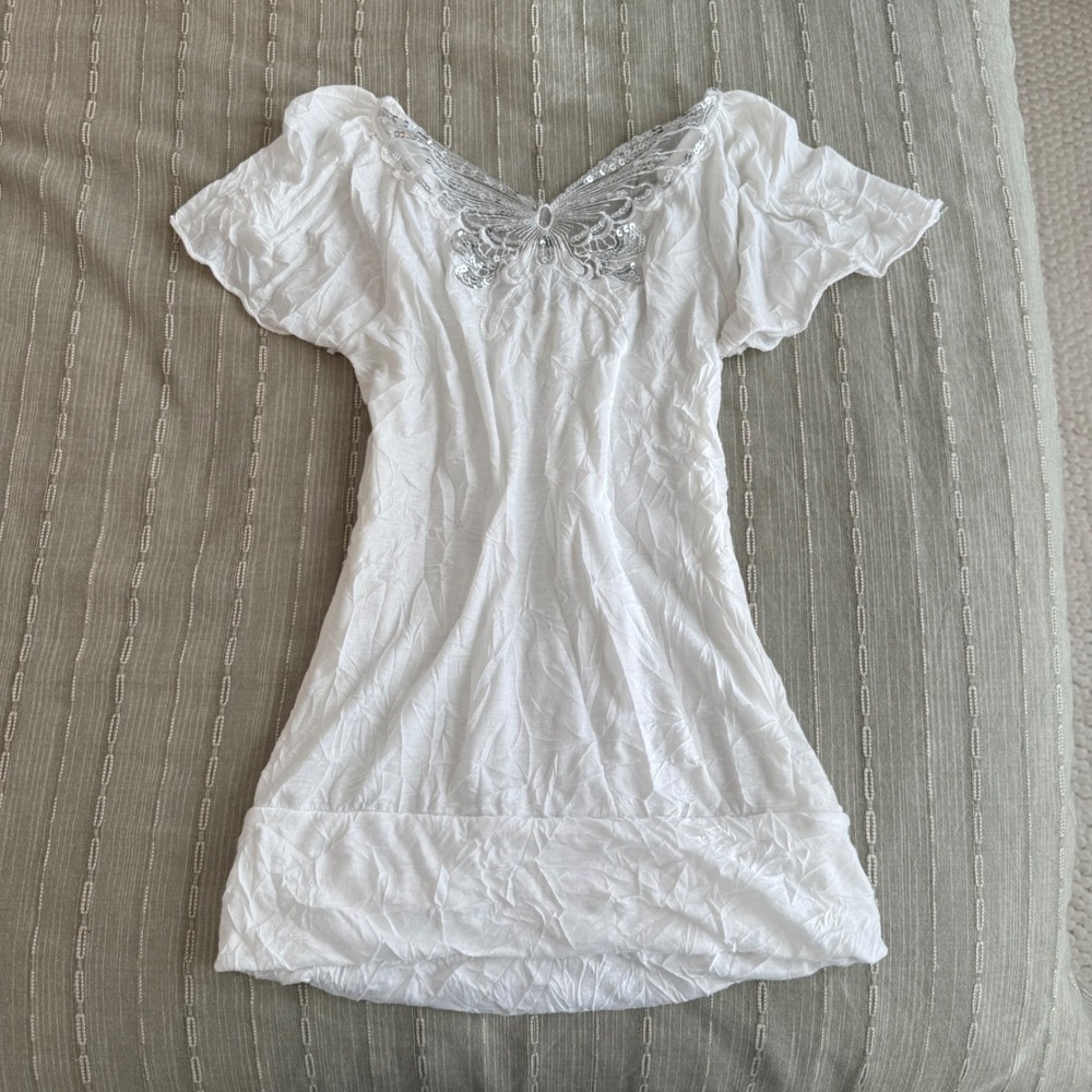 Vintage Bobbie Brooks White Butterfly Sequin Crinkle Top Y2K Fairycore Small
